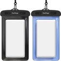 Twee lege EarKings telefoonhoesjes, één zwart en één lichtblauw, klaar voor gebruik.