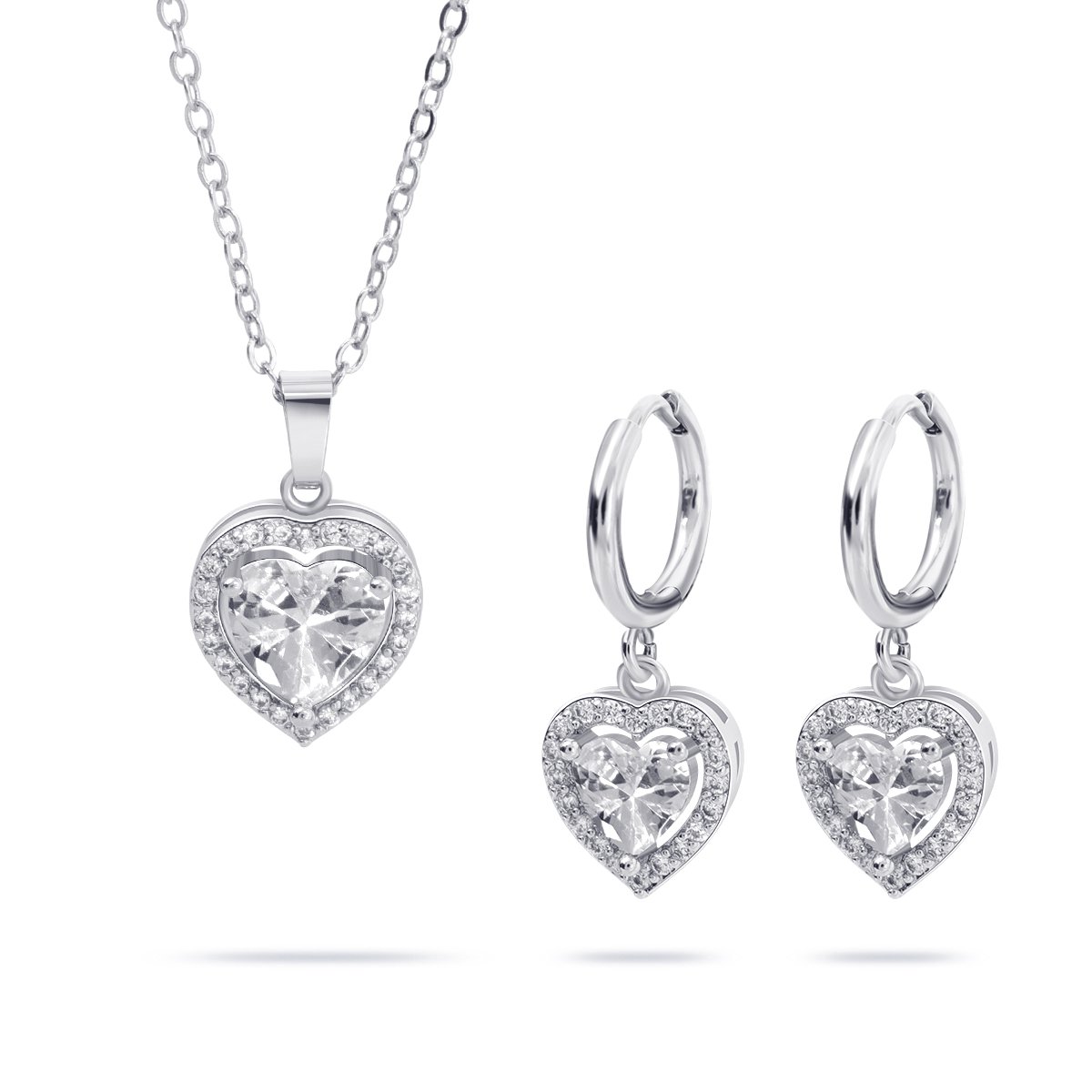 Juwelium Zilverkleurige Hart Ketting en Oorbellen Set Verstelbaar 43 tot 48 cm met Zirkonia Kristallen in Luxe Sieradendoos met Rozen en Pluche Teddybeer van 22 cm met "I Love You" Tekst– Perfect Cadeau voor Vrouw, Vriendin, Moeder, Dochter