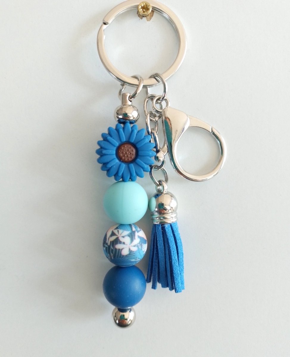Sleutelhanger, tashanger met kralen en kwastje | blauw | bloem