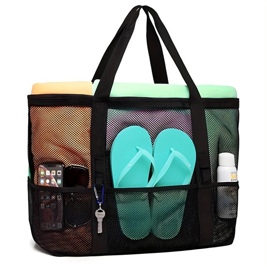 Mesh grote strandtas, extra grote multifunctionele mesh outdoor opbergtas, zandspeelgoed levensmiddelen opbergnettas, lichte nettas strand, picknick (zwart)