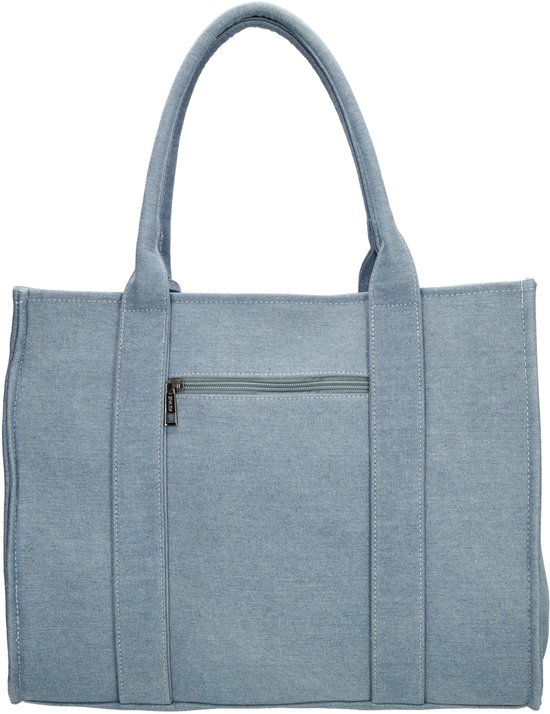 Achterkant van lichtblauwe denim shopper met een vak met rits.