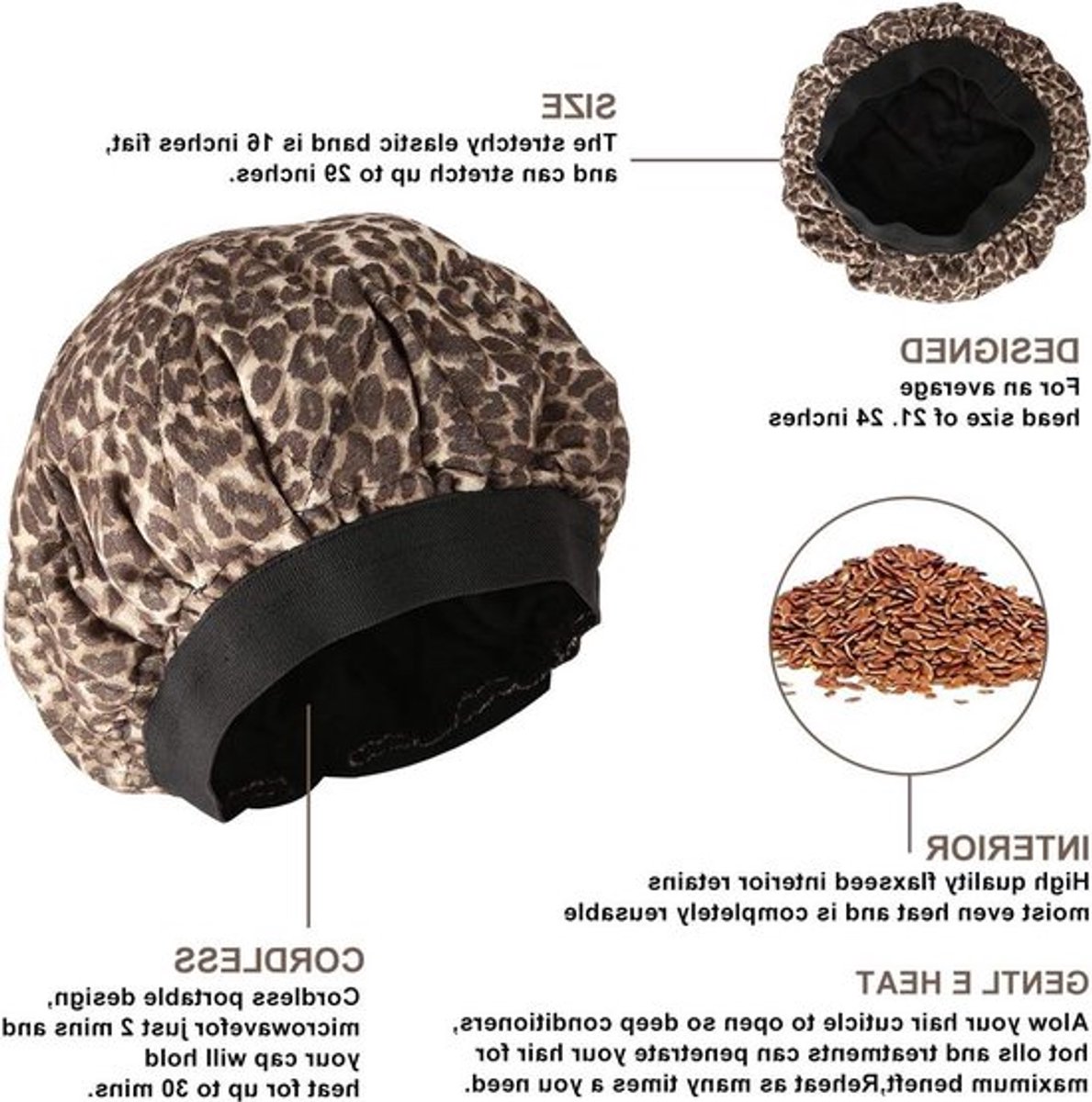Draadloze Deep Conditioning Hair Heat Cap - Microwavable en herbruikbaar voor haartherapie met Lijnzaad - Leopard-print