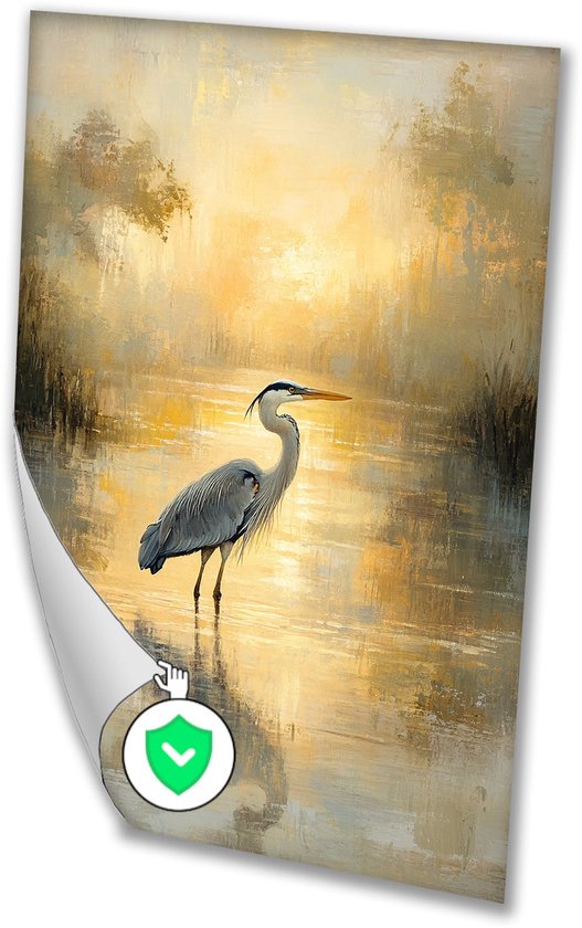Peinture d'un héron bleu dans l'eau au lever du soleil. Style impressionniste avec des couleurs chaudes et des coups de pinceau doux.