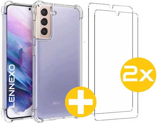 Samsung S21 Hoesje Shockproof Siliconen + 2x 9H Tempered Glass Screenprotector Case-Friendly