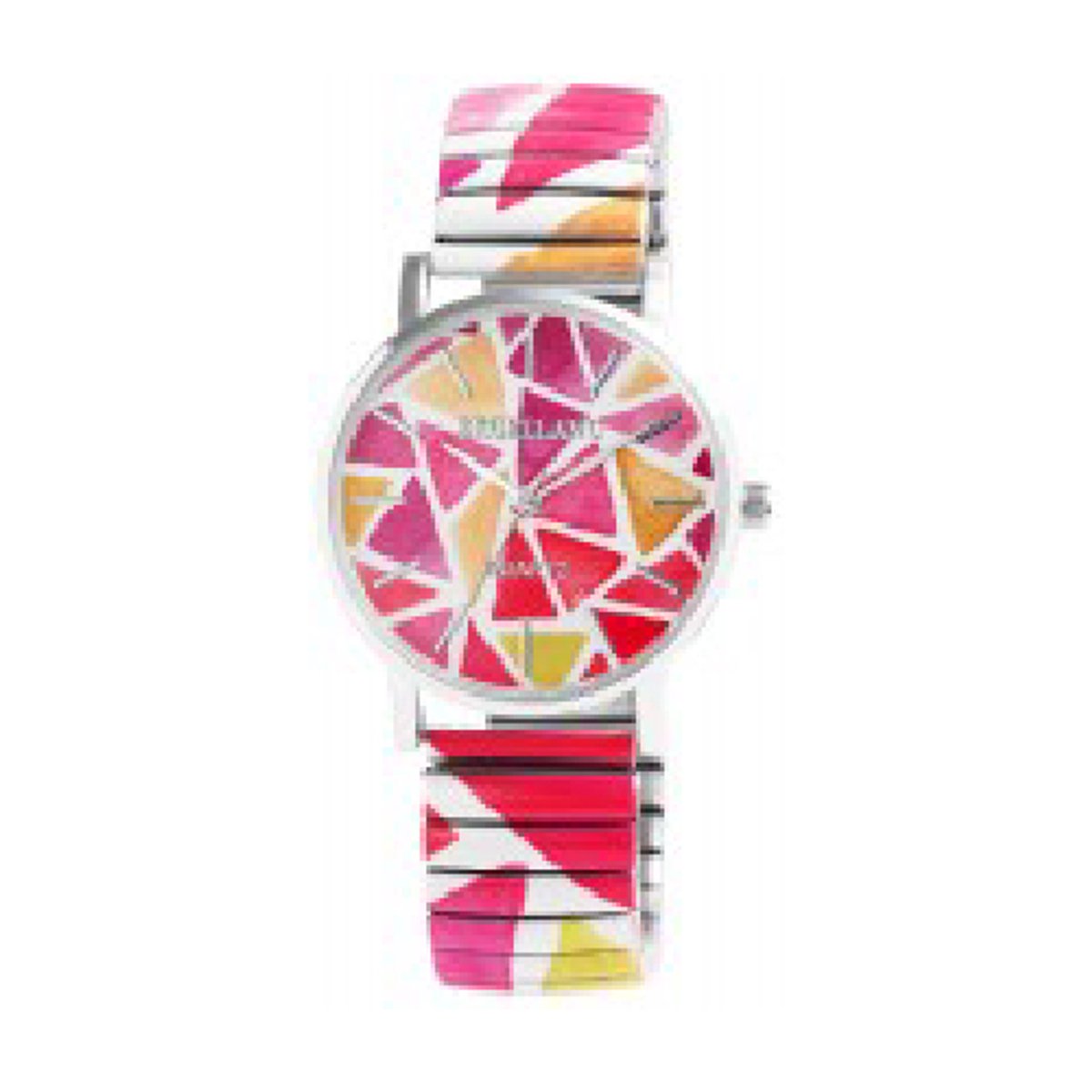 excellanc-1700060-004-Dameshorloge-rekbare band-multicolor-roze-rood-wit-geel-beige3 atm waterdicht-diameter 35 mm