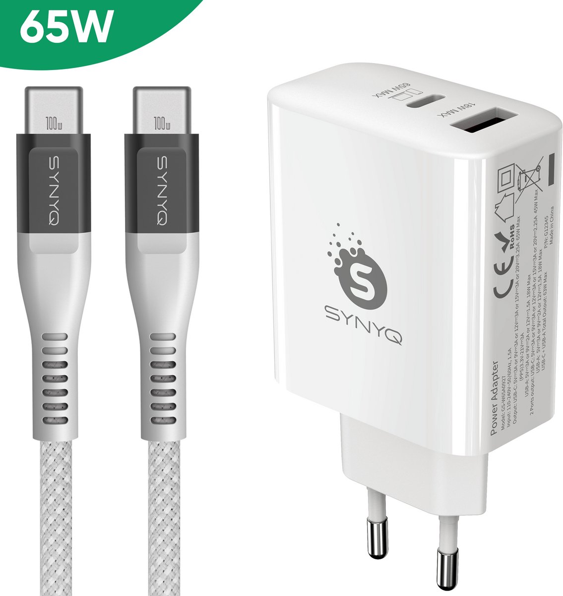 Synyq 65W GaN2 Snellader - 2 poorten - Gecertificeerd - 1,5m 100W USB C oplaadkabel - USB C Adapter - Snellader usb c - Usb c lader - Usb c oplader - Universeel - Wit