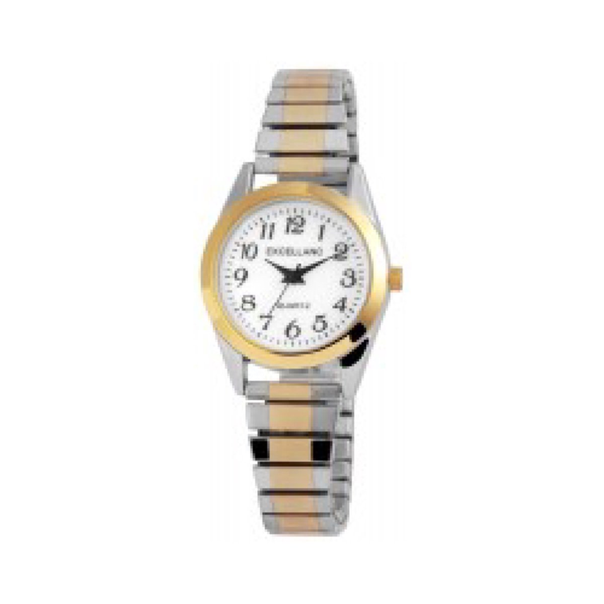 Excellanc-model 1700022-001-Dameshorloge-rekbare band-zilverkleurig-goudkleurig-bicolor-3 atm waterdicht-diameter 27mm