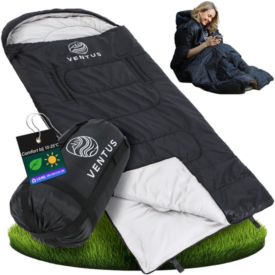 Ventus Sac de Couchage – 185 x 83 cm – Zone de Confort 10 à 25 °C – Avec Sac de Compression – Adulte et Enfant – Sleeping Bag – Slaapzak – Léger – Jumelable 1 ou 2 Personnes – Idéal pour le Camping – Noir