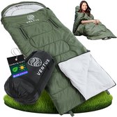 Ventus Sac de Couchage – 185 x 83 cm – Zone de Confort 10 à 25 °C – Avec Sac de Compression – Adulte et Enfant – Sleeping Bag – Slaapzak – Léger – Jumelable 1 ou 2 Personnes – Idéal pour le Camping – Vert