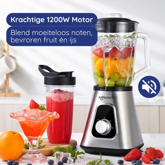 Blender met 1200W motor en vol fruit. Een smoothie in beker en een slushy ernaast.