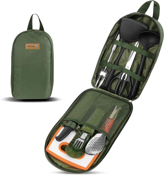 Foto: Keukengerei set 8 stuks organizer travel kit met multifunctioneel bestek siliconen lepel spatel tang waterdichte opbergtas camping accessoires apparatuur