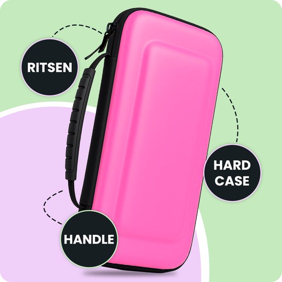 Roze hardcase hoes voor Nintendo Switch met rits en handvat.