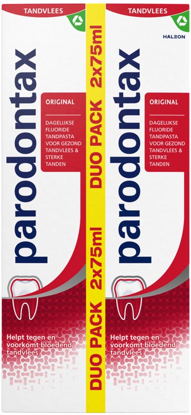 Twee verticale tubes Parodontax Original tandpasta, met de tekst 'DUO PACK 2X75ml' en de afbeelding van een tand.