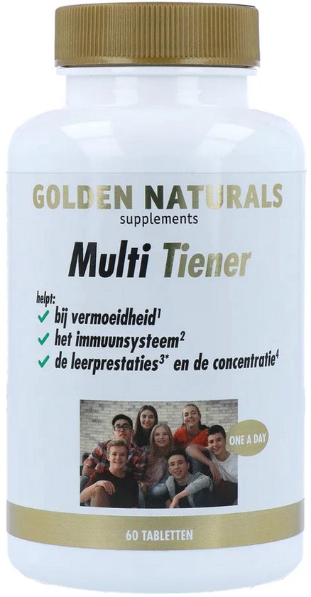 Fles van 60 tabletten Multi Tiener met een afbeelding van 7 lachende tieners.