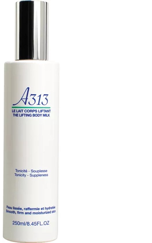 Witte A313 body milk fles met zilverkleurige pompdispenser. Tekst: 'LE LAIT CORPS LIFTANT THE LIFTING BODY MILK 250ml'.