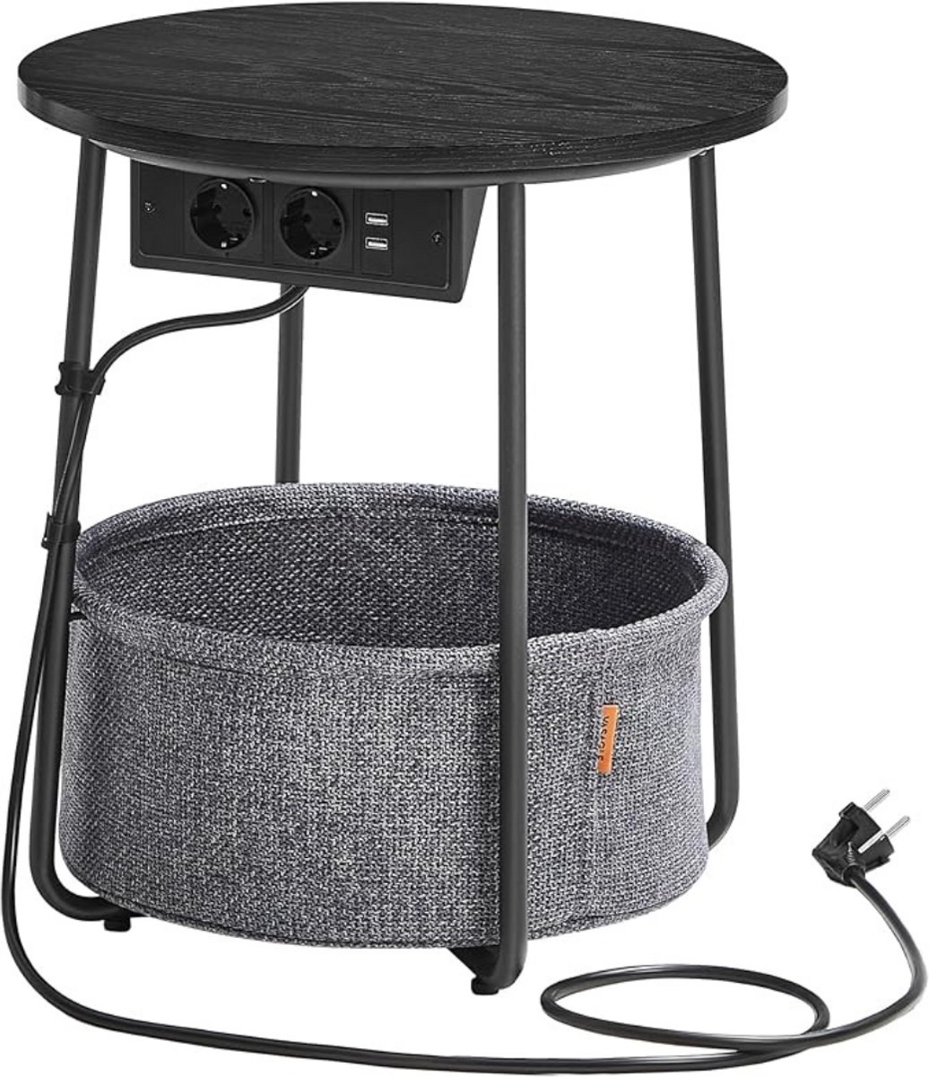 Vasagle Ronde Bijzettafel met Stopcontact & Opbergmand - Ø 45 cm - Zwart - Sidetable met USB Oplaadstation - Mand voor Dekens - Smart Living