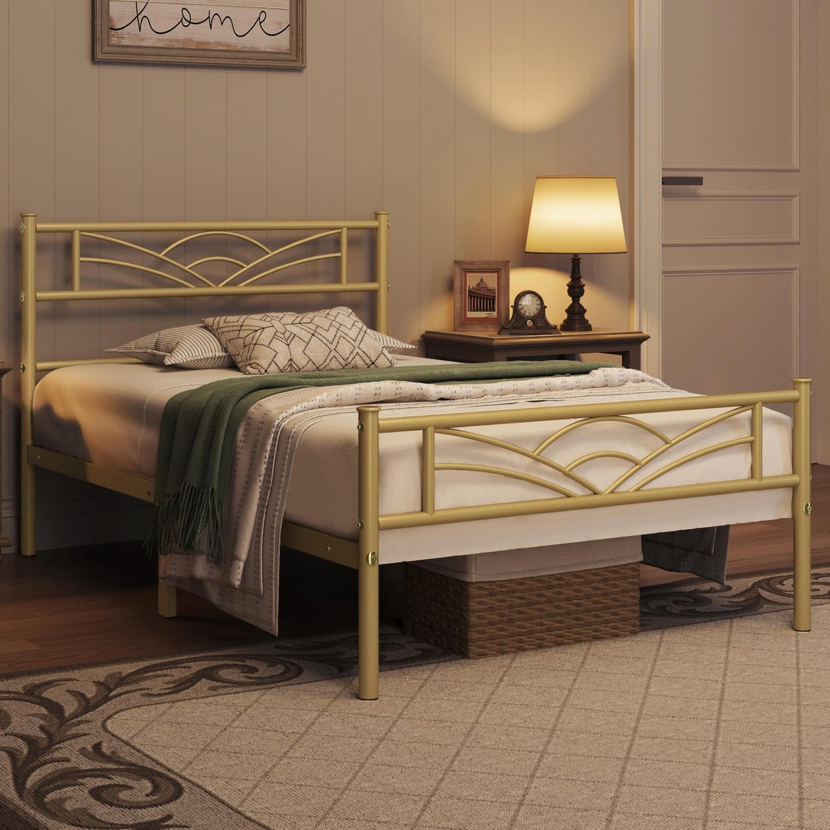 Stijlvol Metalen Bedframe met Lattenbodem - Modern eenpersoonsbed 90x190 cm - Antiek Goud