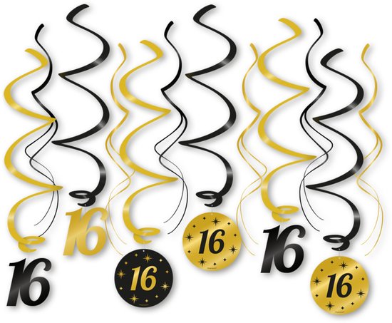 Zwart-gouden swirl-decoraties met het cijfer 16.