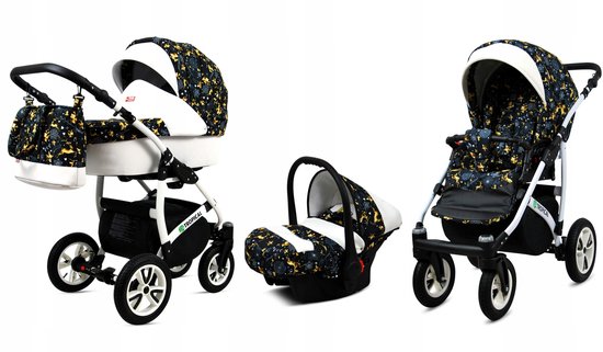 BabyLux® Kinderwagen 3in1 – TROPICAL - GOLD DEER - Opklapbare Wandelwagen incl. Reiswieg, Multifunctionele Buggy Sportstoel, Autostoel - Combi-kinderwagen met Luiertas, Regenhoes, Klamboe, Bekerhouder, etc.