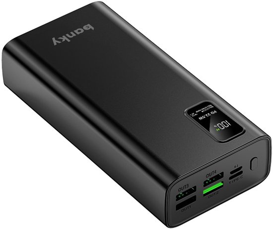 Banky - Powerbank - 30.000 mAh - 22.5W Snellader - 5 Poorten - USB-A en USB-C - Noodpakket - geschikt voor Apple iPhone 13/14/15/16 en Samsung S22/S23/S24 - Zwart
