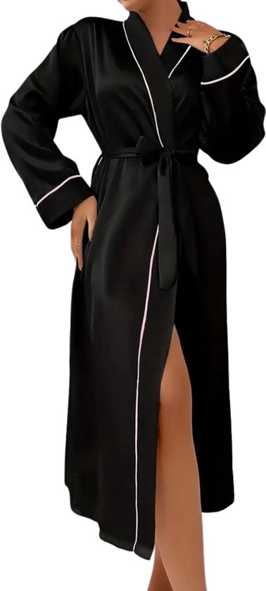 Bovista Satijnen Badjas Dames - Kimono - Kamerjas - Satijn - Ochtendjas - Pyjama - Zwart - Maat S