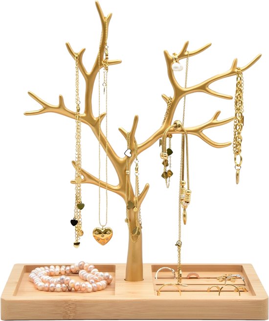 Sieradenhouder goud metaal - Sieradenboom met houten voet - Sieradenstandaard kettingen ringen armbanden Galeara design® FURO