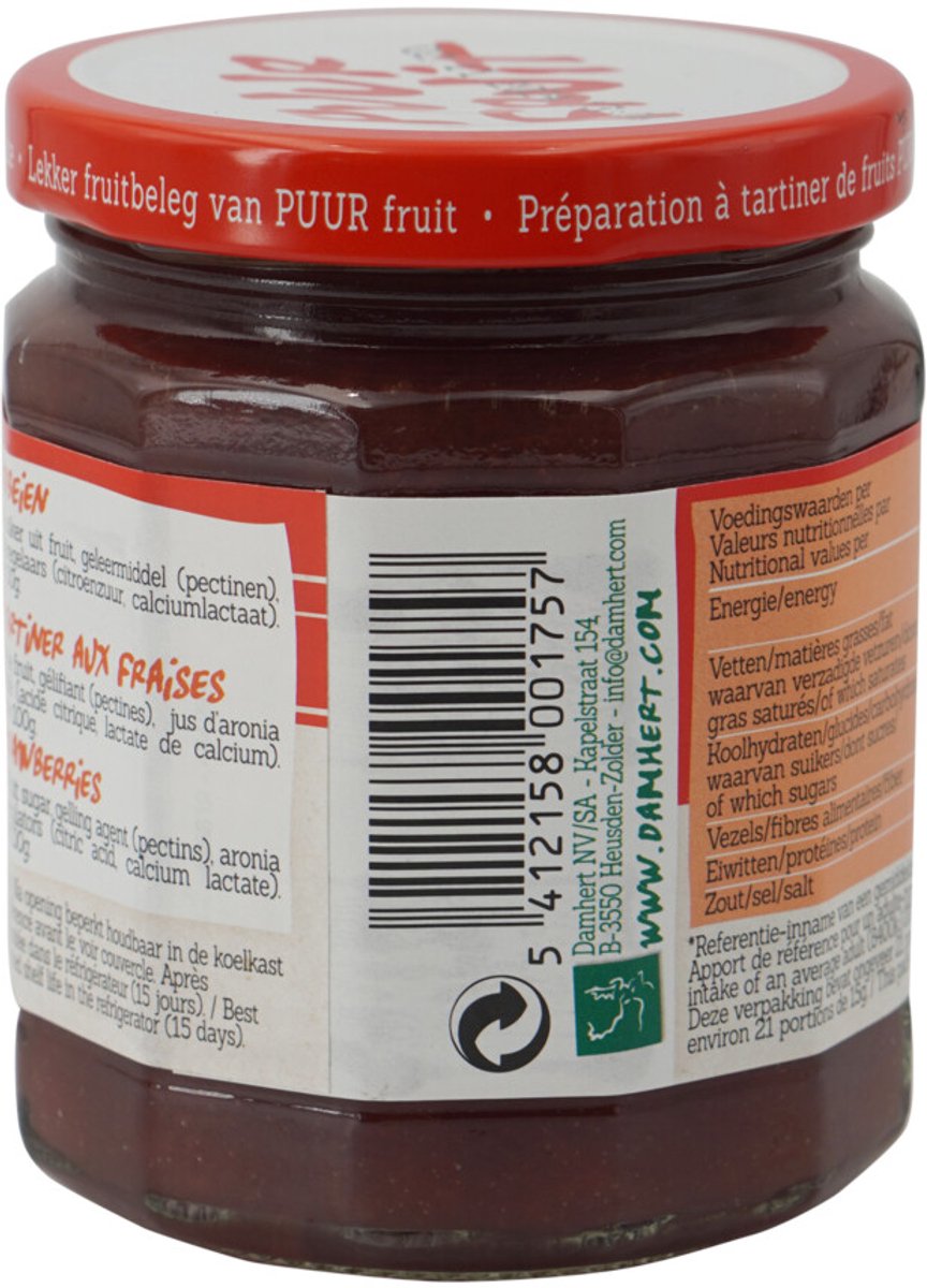 Damhert Puur Fruit Confituur Aardbei - 3 x 315 gr - Voordeelverpakking