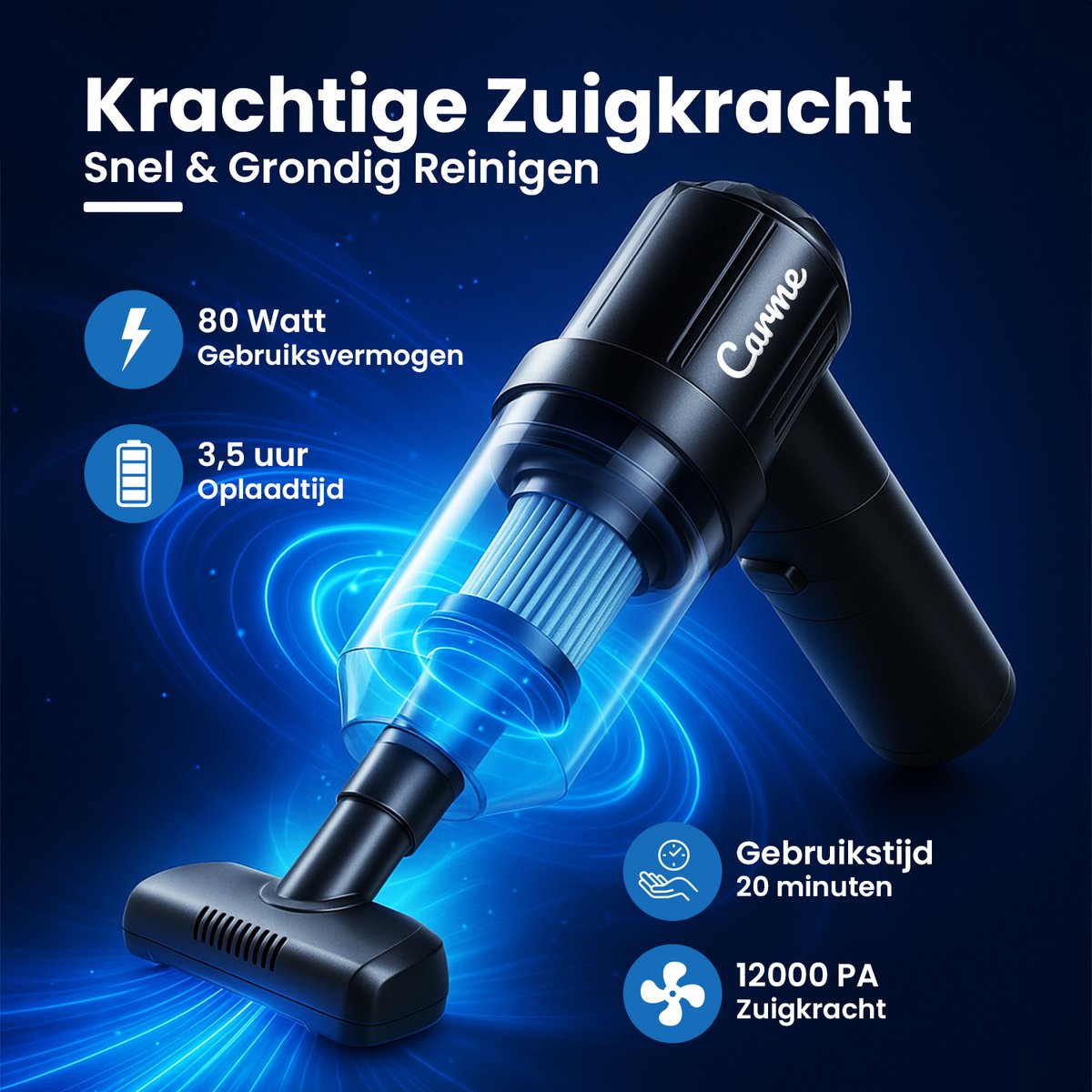 CarMe 2-in-1 Auto Stofzuiger - Zuigen & Blazen - Kruimeldief - 7 Opzetstukken - Oplaadbaar - Handstofzuiger - Air Duster - Zwart — afbeelding 4