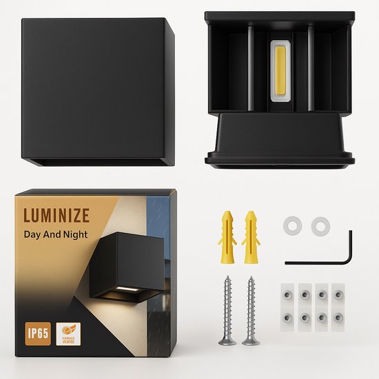 Luminize buitenlamp met schemersensor - wandlamp met dag en nacht sensor - 12x12x12cm - 2700k - 12w - zwart - LED