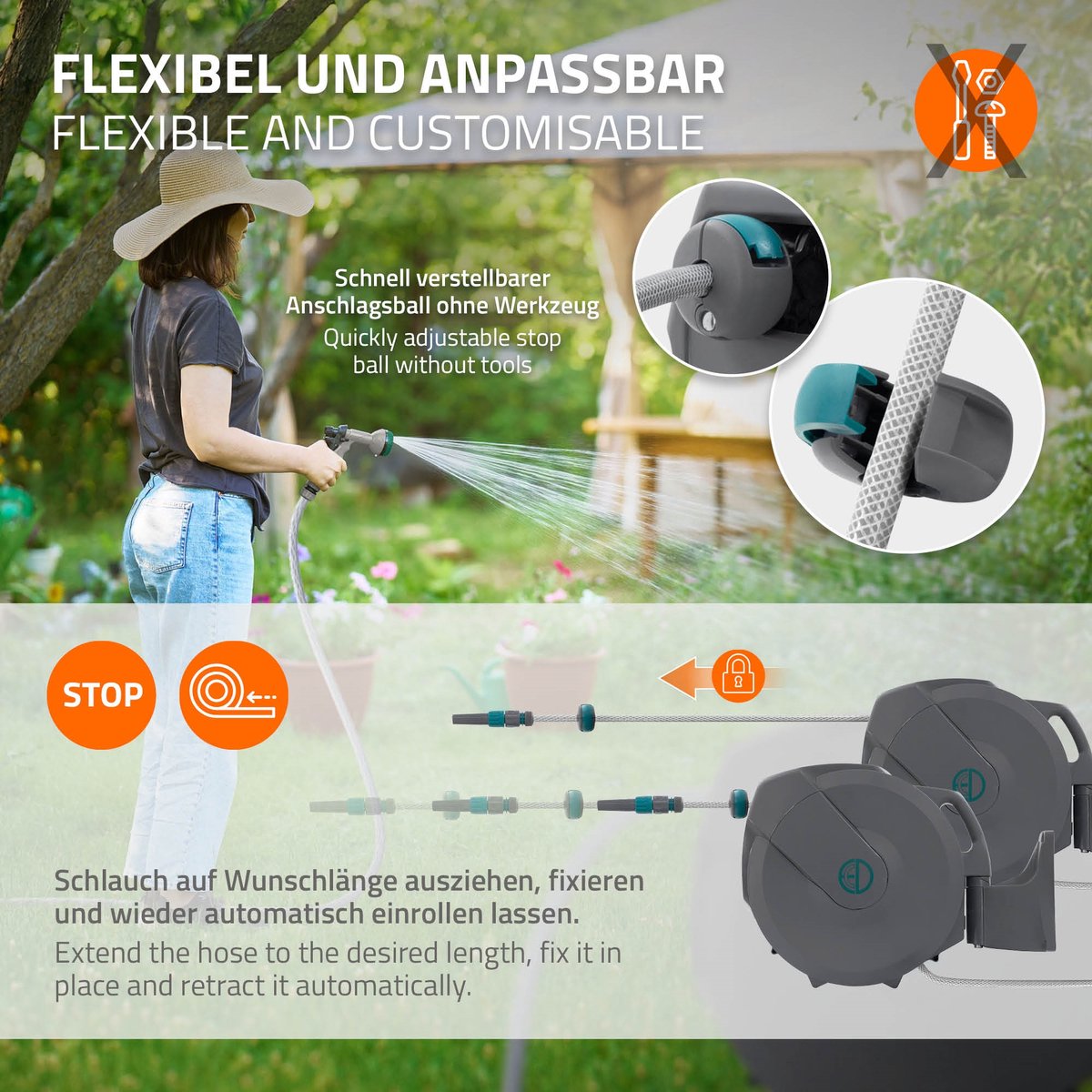 ECD Germany rollup tuinslanghaspel 30m+2m muurgemonteerde slanghouder met automatisch oprolmechanisme vergrendelingssysteem 9 sproeifuncties 180° zwenkbaar waterslangbox voor wandbevestiging ideaal voor tuin en terrasonderhoud – foto 8