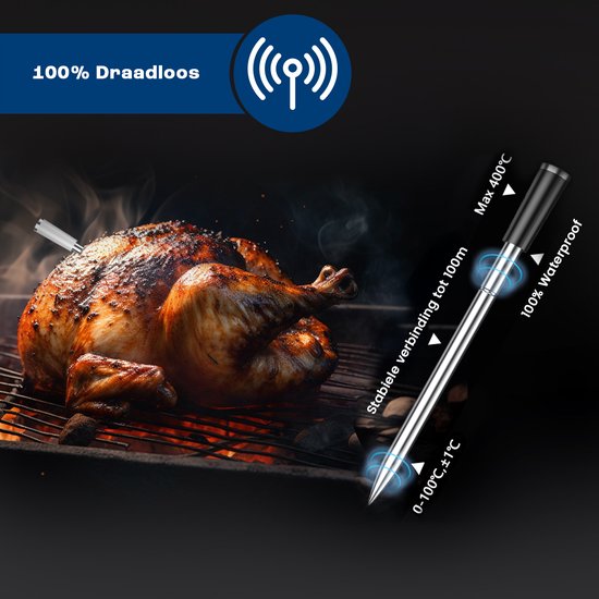 Een gebraden kip op een barbecue met een draadloze vleesthermometer.