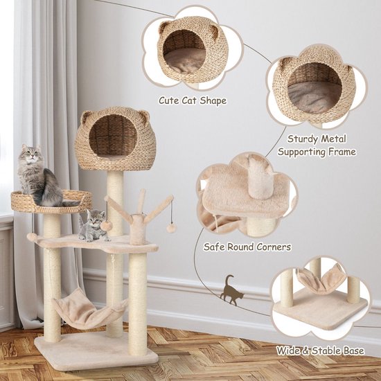 COSTWAY Krabpaal 131 Cm Met Kattenhol - Kattenboom Met Platformen, Bal & Kussen - Riet & Sisal - Koffie+Natuur