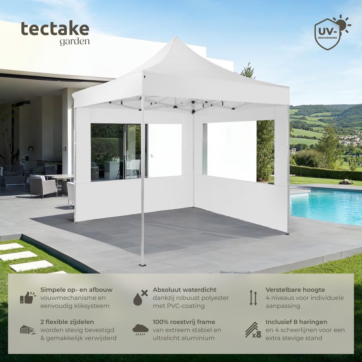 tectake® Pavillon 3x3 m, Gartenzelt mit wasserdichter PE-Plane mit UV-Schutz, Partyzelt für Garten Terrasse Event Camping Festival Markt, Stecksystem, Gartenpavillon inkl. Spannseile Heringe - grau