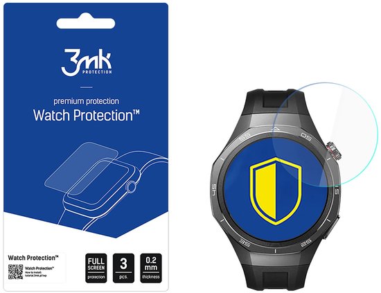 Verpakking van "3mk Protection" "Watch Protection" met een smartwatch en een beschermglas.