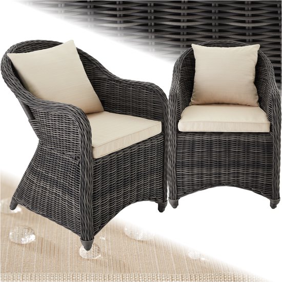 tectake® Rotan Stoelen - set van 2 – Weerbestendige Tuinstoel met Rug- en Zitkussens – Buitenstoel van Riet voor Tuin, Balkon en Serre – Grijs