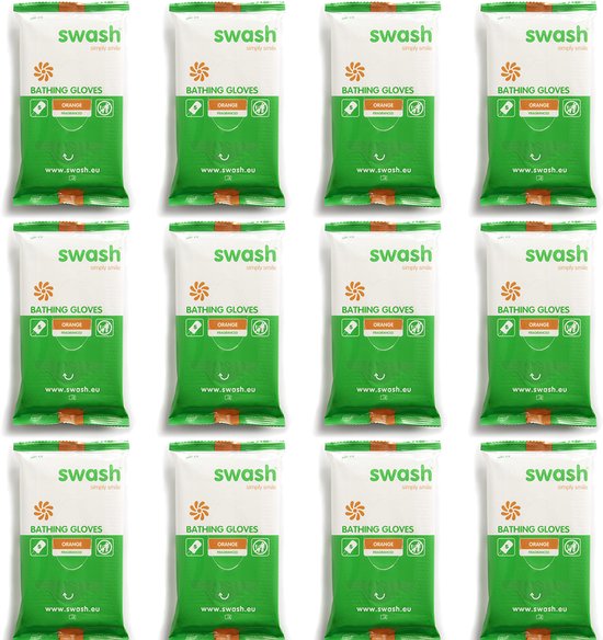 Een verpakking met twaalf zakjes Swash Badhandjes, oranje met bloemensymbool en de tekst 'Bathing Gloves'.
