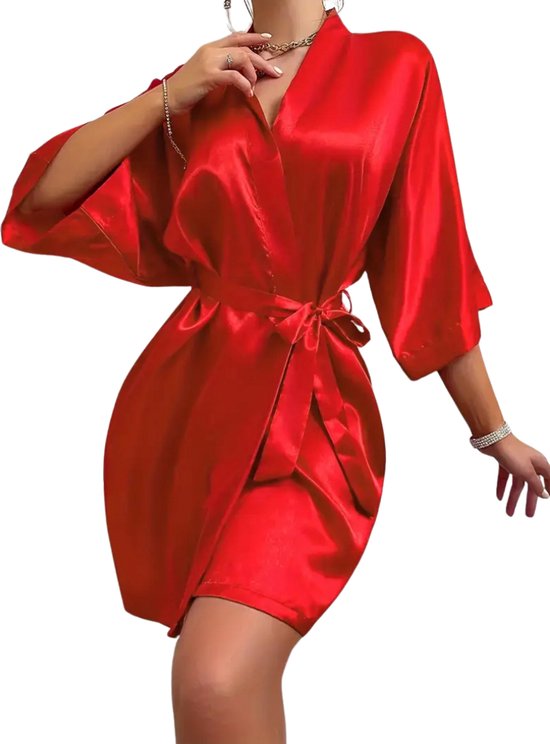 Bovista Satijnen Badjas Dames - Kimono - Kamerjas - Satijn - Ochtendjas - Pyjama - Rood - Maat S
