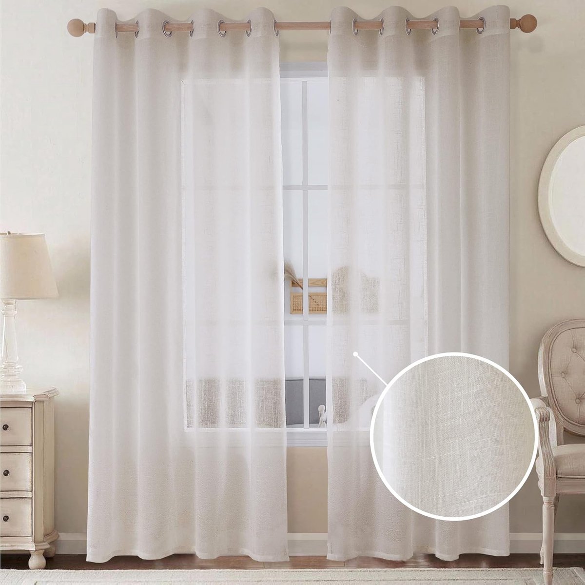 Ibenzoa Zachte en Lichtdoorlatende Linnen Gordijnen – Set van 2, 260x140 cm – Voor Slaapkamer en Woonkamer wit