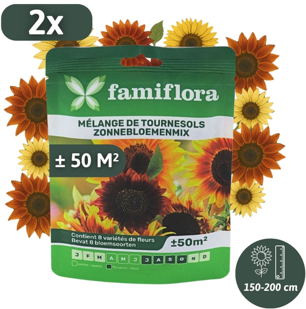 Famiflora zonnebloemen mix zaden voor 100m² (2 zakjes) - 8 zonnebloem soorten - zonnebloem zaad - Zonnebloemzaden - Bloemenzaden