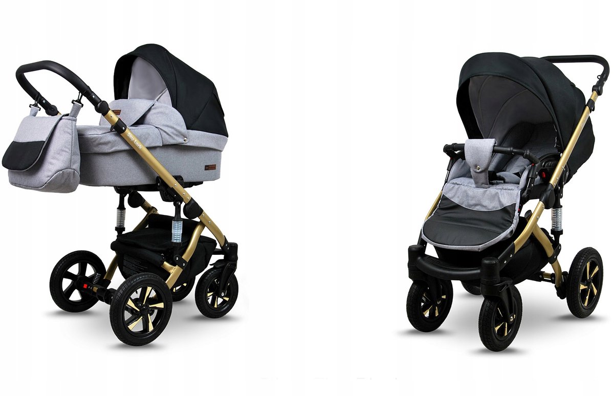 BabyLux® Kinderwagen 2in1 – SKY LARK - Silver Flex Black GOLD FRAME - Opklapbare Wandelwagen incl. Reiswieg, Multifunctionele Buggy Sportstoel - Combi-kinderwagen met Luiertas, Regenhoes, Klamboe, Bekerhouder, etc.