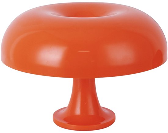 Lampe de table orange en forme de champignon sur fond blanc.