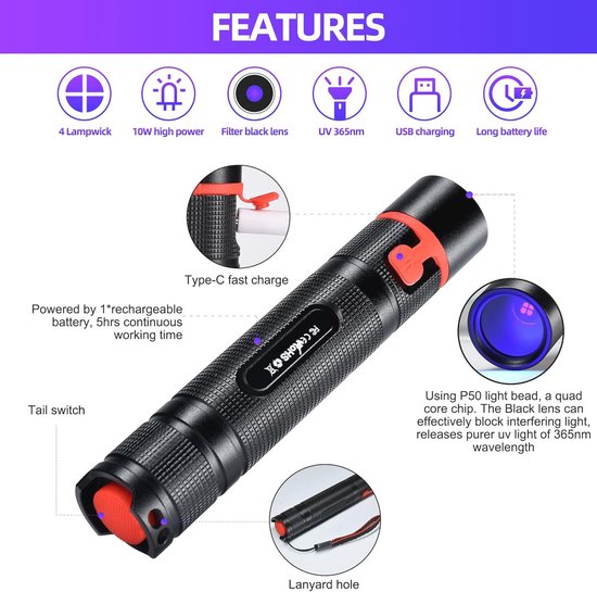 DARKDAWN UV Zaklamp 365nm Zwart Licht Mini USB Oplaadbaar, Woods Lamp Draagbare Flitslicht LED Ultraviolet Zaklampen 370nm - Huisdier Urine Detector, Vlekken, Geld, Amber, Uranium, Lekdetectie - 2 pak