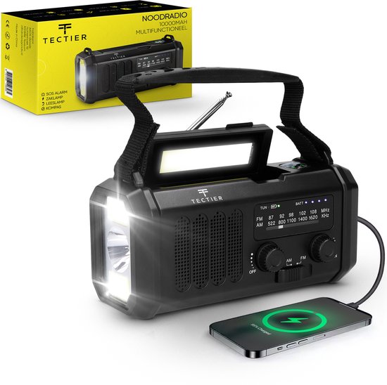 Noodradio Solar Opwindbaar – Noodradio 10.000 mAh – Opwindbare Radio – Zaklamp opwindbaar – Solar Powerbank – Noodpakket – Zwart