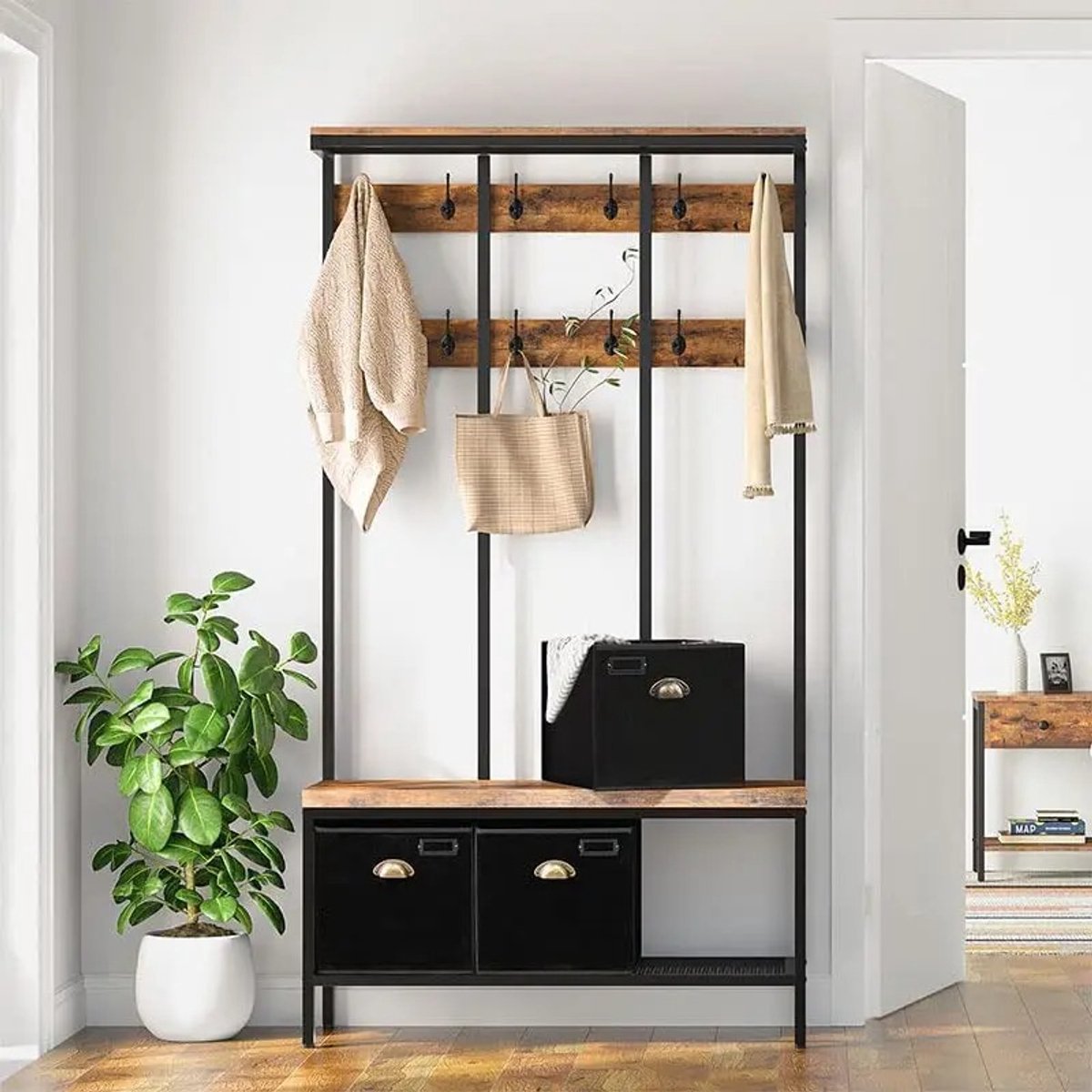 SureDeal® - Kapstok met Bank - Schoenenrek - Industriële Stijl - 12 Haken -3 Opbergdozen - Halboom van Spaanplaat -Metaal - 100x37x182 cm - Bruin