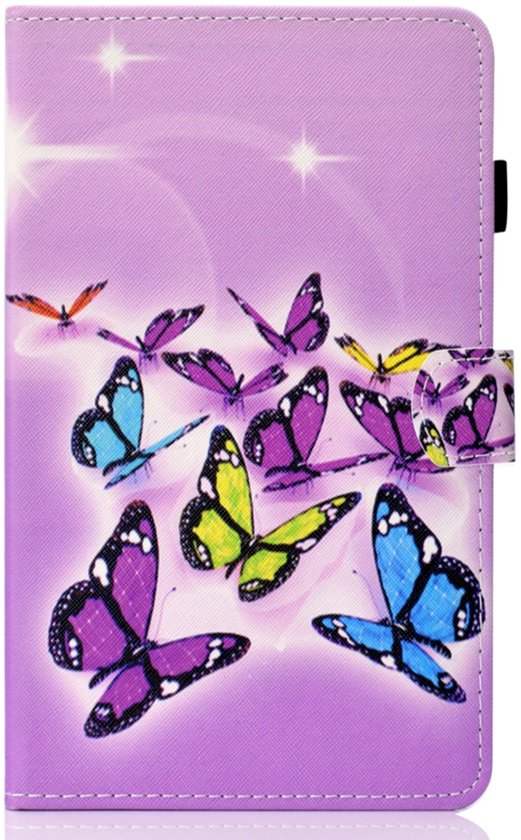 Paarse tablethoes met een print van paarse, blauwe, gele en groene vlinders en glinsterende sterren. De sluitband is ook bedrukt.