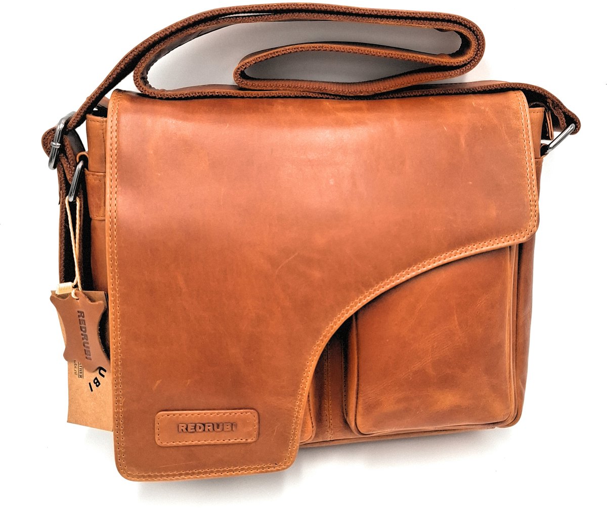 REDRUBI – UM /6/ 1189 - Met RFID protected echt lederen - schoudertas –crossbodytas- stevig - chique - uitstraling - vintage leder- bruin /cognac