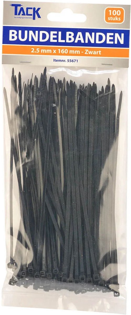 100 Tiewraps / bundelbandjes 2,5x160mm zwart PA66