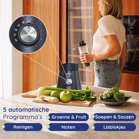 Safecourt Kitchen Power Blender - 1,5L Glas & 2x 600ml To-Go beker - 1300W Smoothie maker - Krachtig, stil en eenvoudige reiniging - RVS
