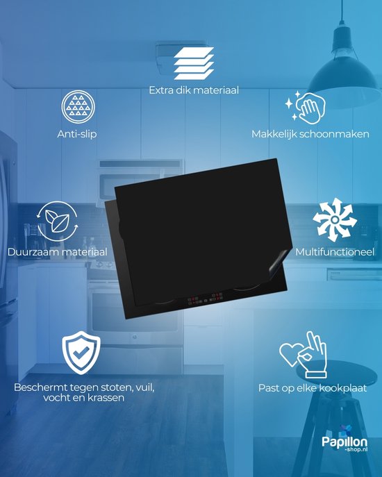 Protection noire pour plaque à induction avec icônes pour 'Antidérapant', 'Matériau durable', 'Matériau extra épais', 'Facile à nettoyer', 'Multifonctionnel', 'S'adapte à toute plaque de cuisson' et 'Protège contre les chocs, la saleté, l'humidité et les rayures'.
