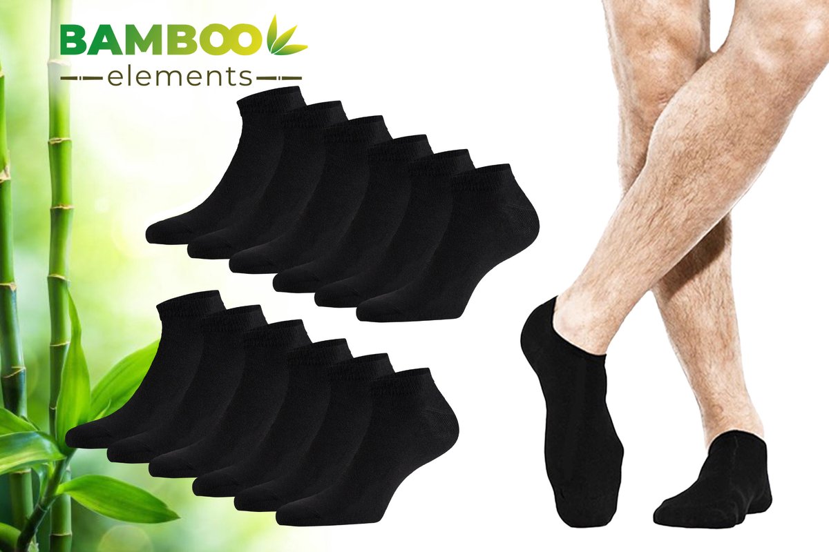 Bamboo Elements - Sneakersokken 12-Paar - Zwart - 43-46 - Bamboe Sokken – Sneakersokken Heren – Sneakersokken Dames - Sneaker Sokken